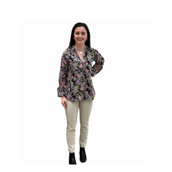 Liza Byrd Women Button Up Shirt Size Small The Embry Block Print Floral Midnight - Picture 2 of 12